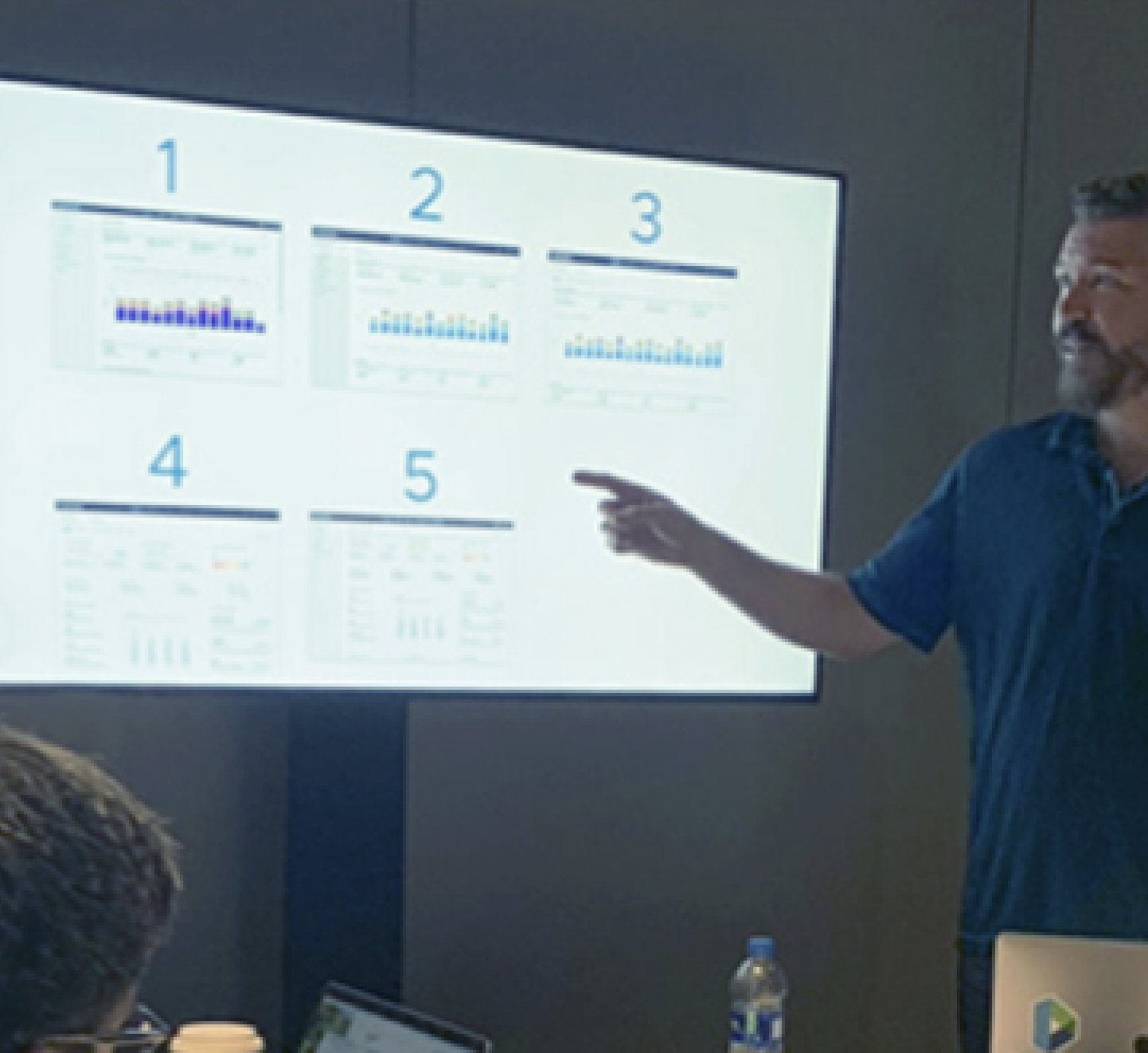 Jay walking through dashboards on screen with a colleague