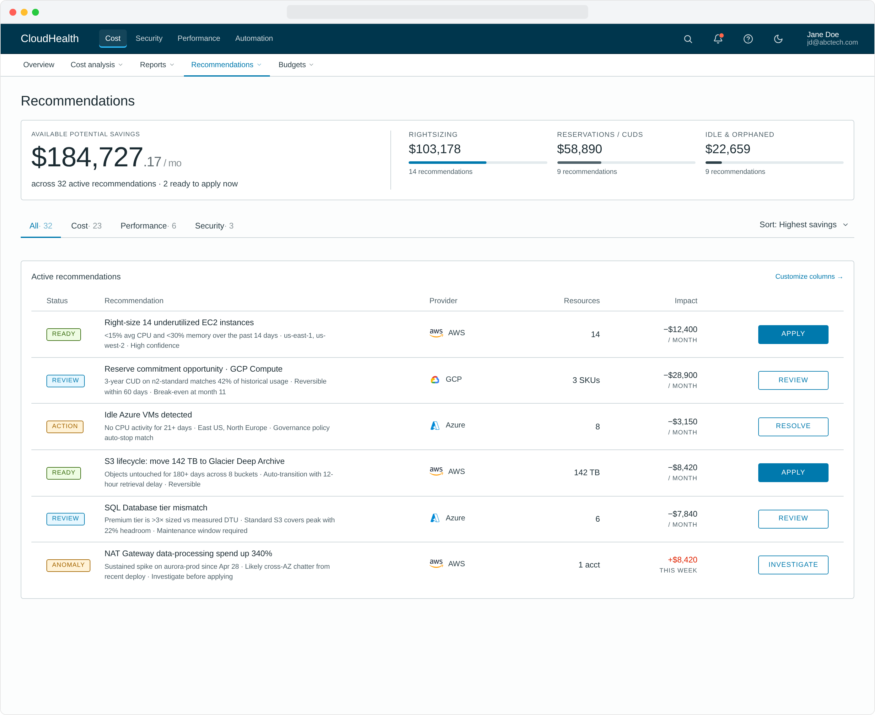Recommendations page showing $184,727 in available potential monthly savings, broken down by Rightsizing, Reservations & CUDs, and Idle & orphaned, with a list of one-click apply / review / resolve actions