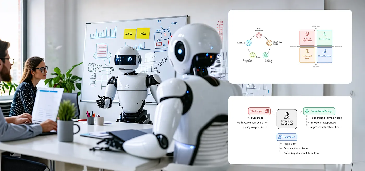 A research session with humans and robot teammates in a meeting room, alongside two trust diagrams: Build Trust loop and Designing Trust in AI mind map