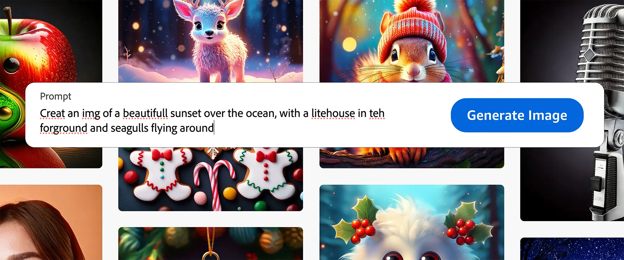 Screenshot of an AI image generator with the prompt 'Create an img of a beautifull sunset over the ocean with a litehouse' showing the AI is unfazed by typos