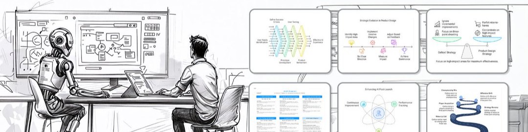Well Crafted AI — illustrated banner showing a designer and an AI collaborator at adjacent workstations, with framework diagrams in the background